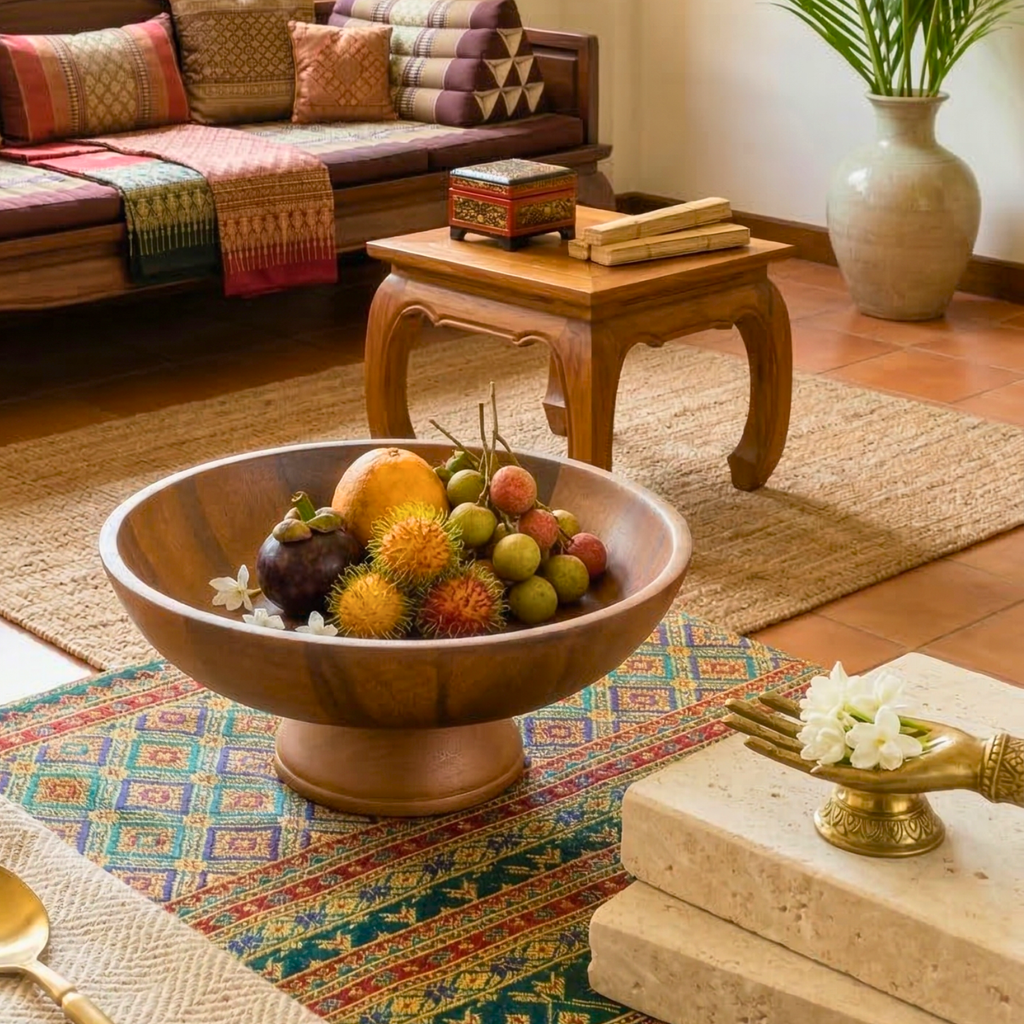 Pedestal Fruit Bowl Acacia Wood Natural 13 Inch Table Centerpiece - Siam Wood Artisans