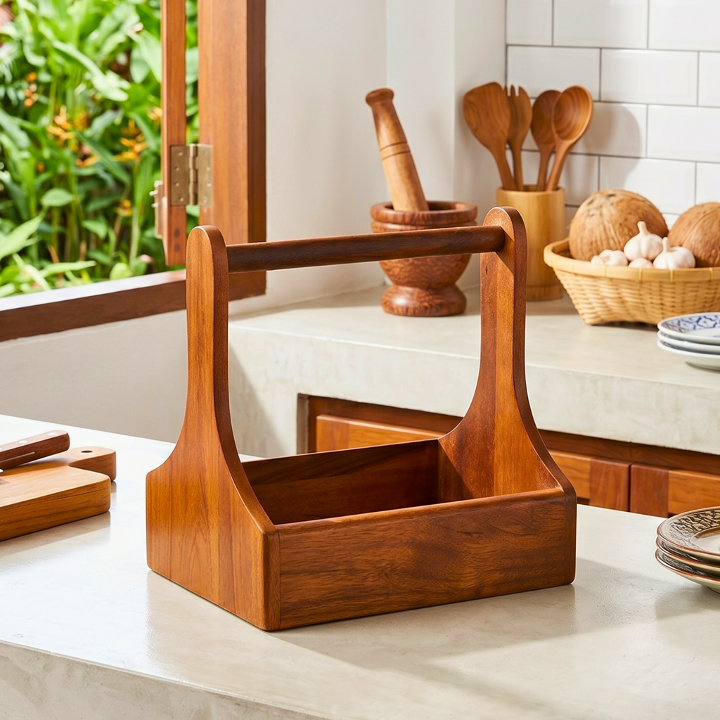 Teak Wood Condiment Holder, 9 Inch Tabletop Caddy, Anniversary Present for Home Chef