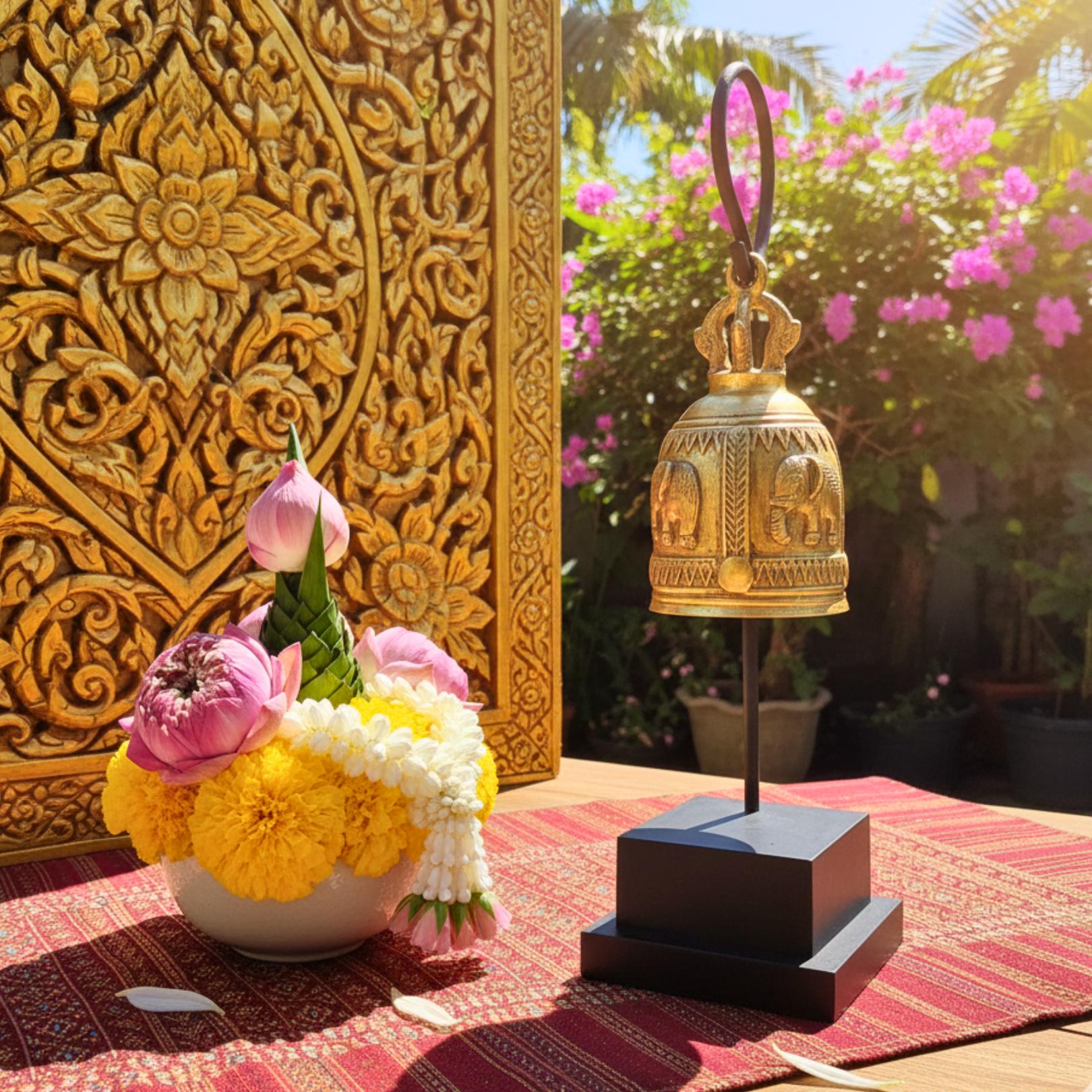 Minimalist Golden Bell Stand: Polished Thai Temple Bell Modern Decor