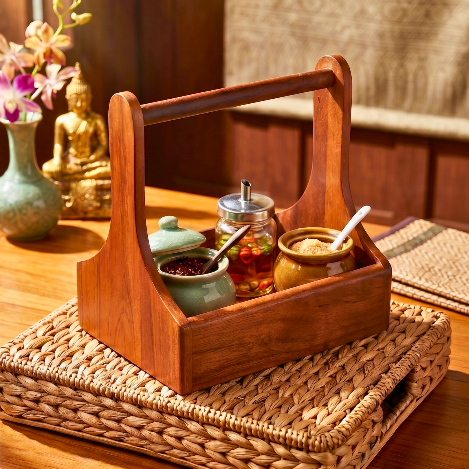 Teak Wood Condiment Holder, 9 Inch Tabletop Caddy, Anniversary Present for Home Chef