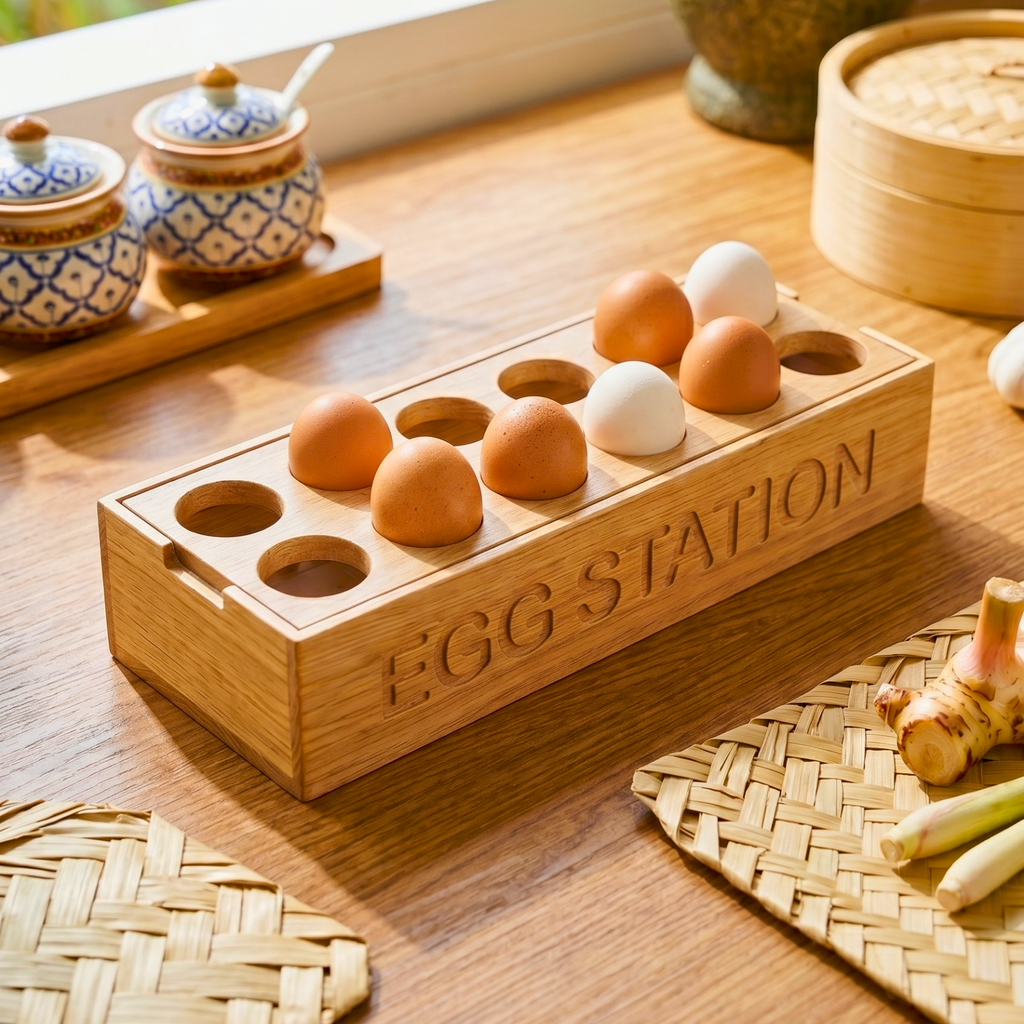 Teak Wood Egg Holder, 12 Inch Countertop Tray, Thoughtful Present for Culinary Enthusiast