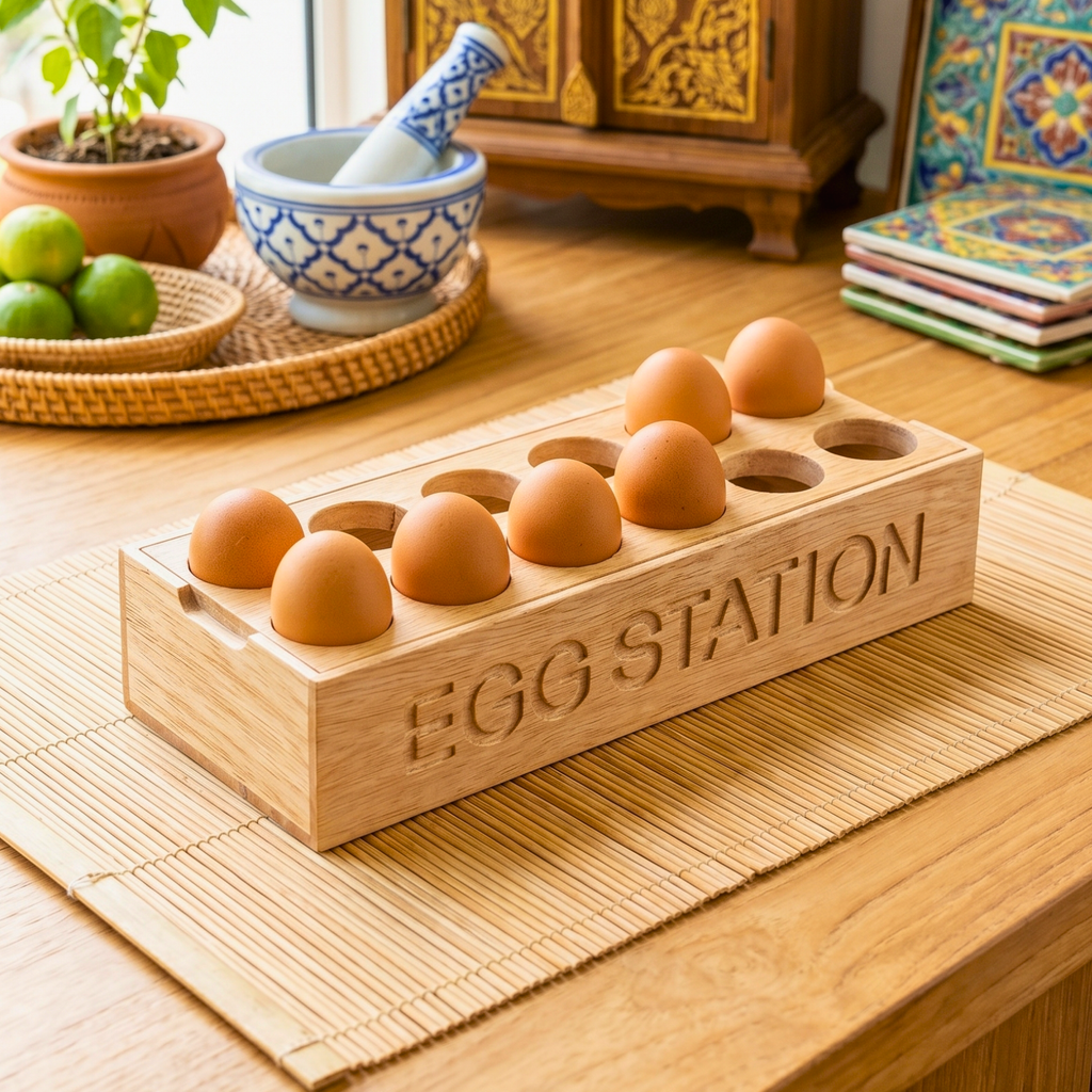 Teak Wood Egg Holder, 12 Inch Countertop Tray, Thoughtful Present for Culinary Enthusiast