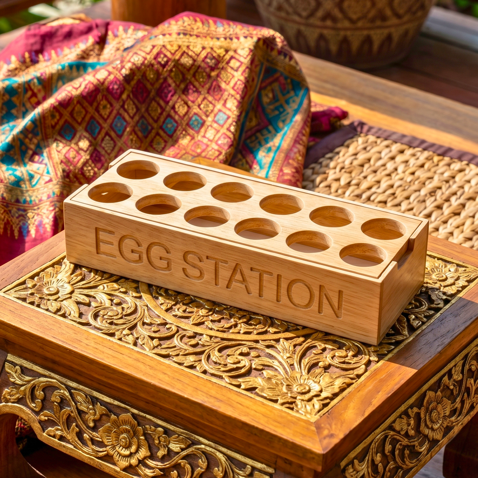 Teak Wood Egg Holder, 12 Inch Countertop Tray, Thoughtful Present for Culinary Enthusiast