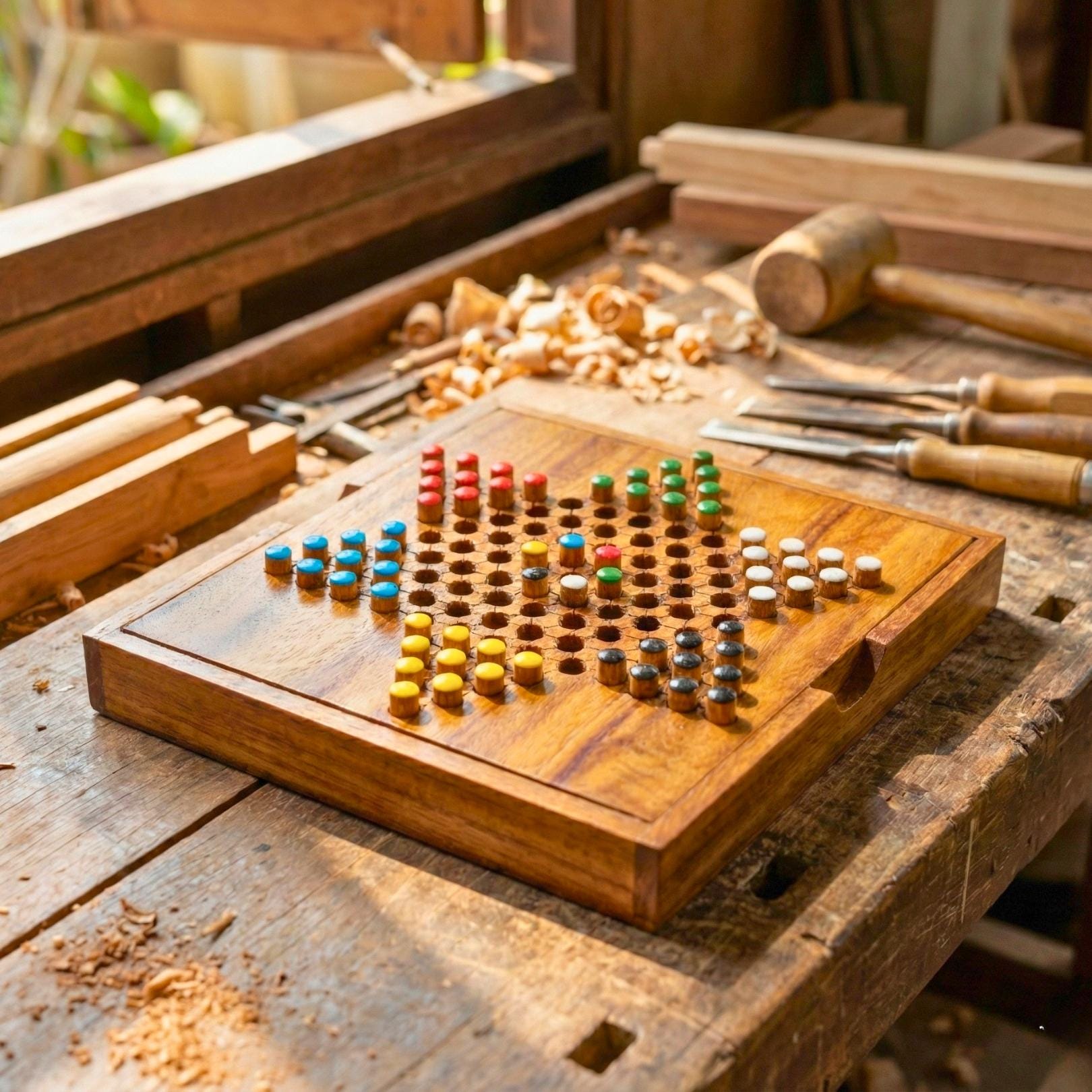 Hand Carved Wood Chinese Checkers Set: Rustic Portable Board Game, Toy & Puzzle