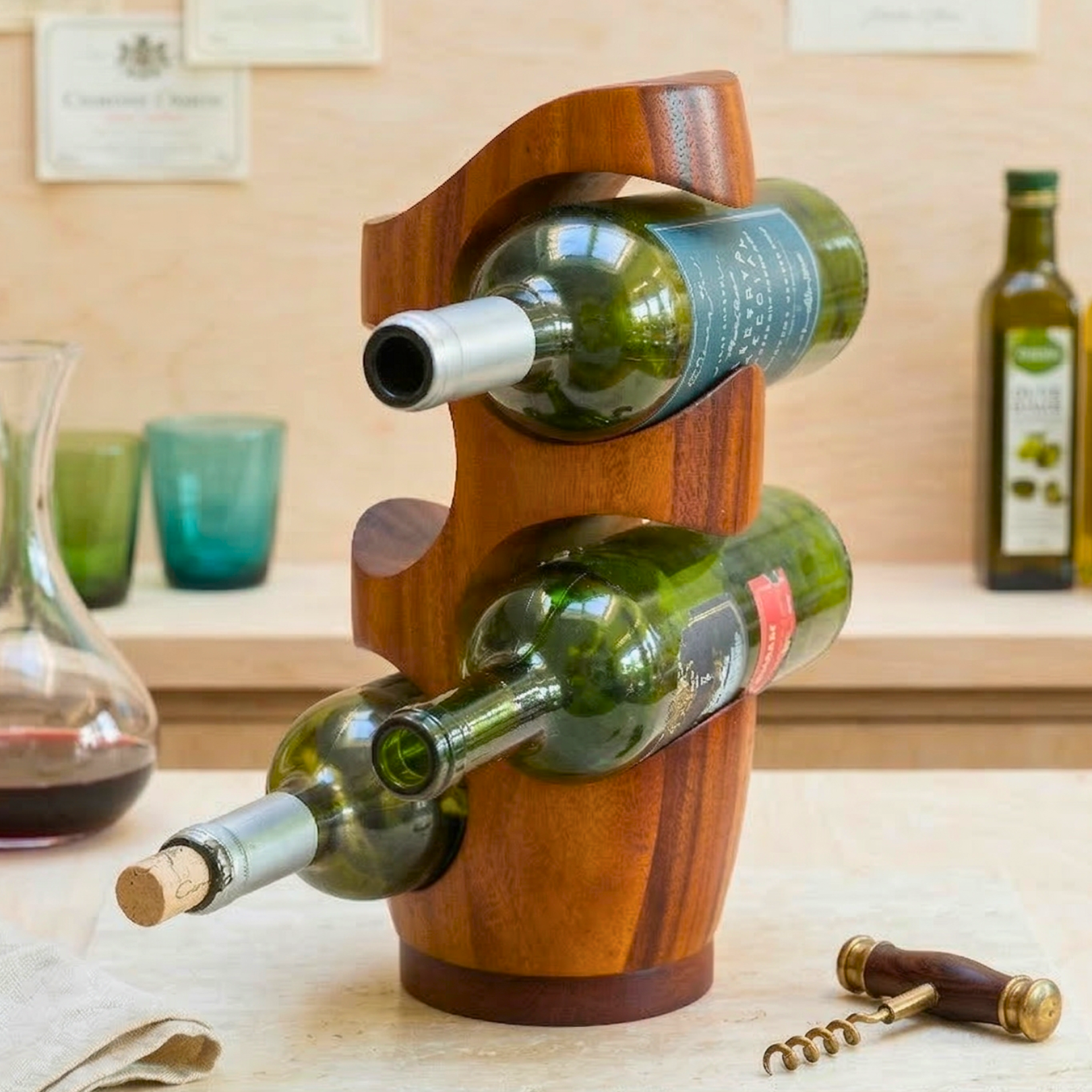 Wine Rack Acacia Wood Natural 4 Bottle Stand - Siam Wood Artisans