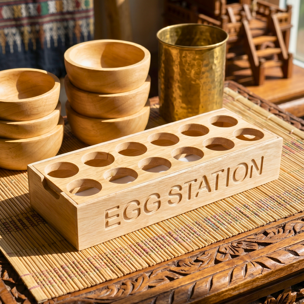 Teak Wood Egg Holder, 12 Inch Countertop Tray, Thoughtful Present for Culinary Enthusiast