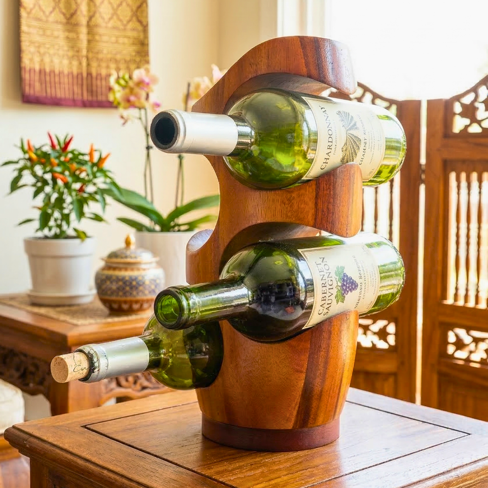 Wine Rack Acacia Wood Natural 4 Bottle Stand - Siam Wood Artisans
