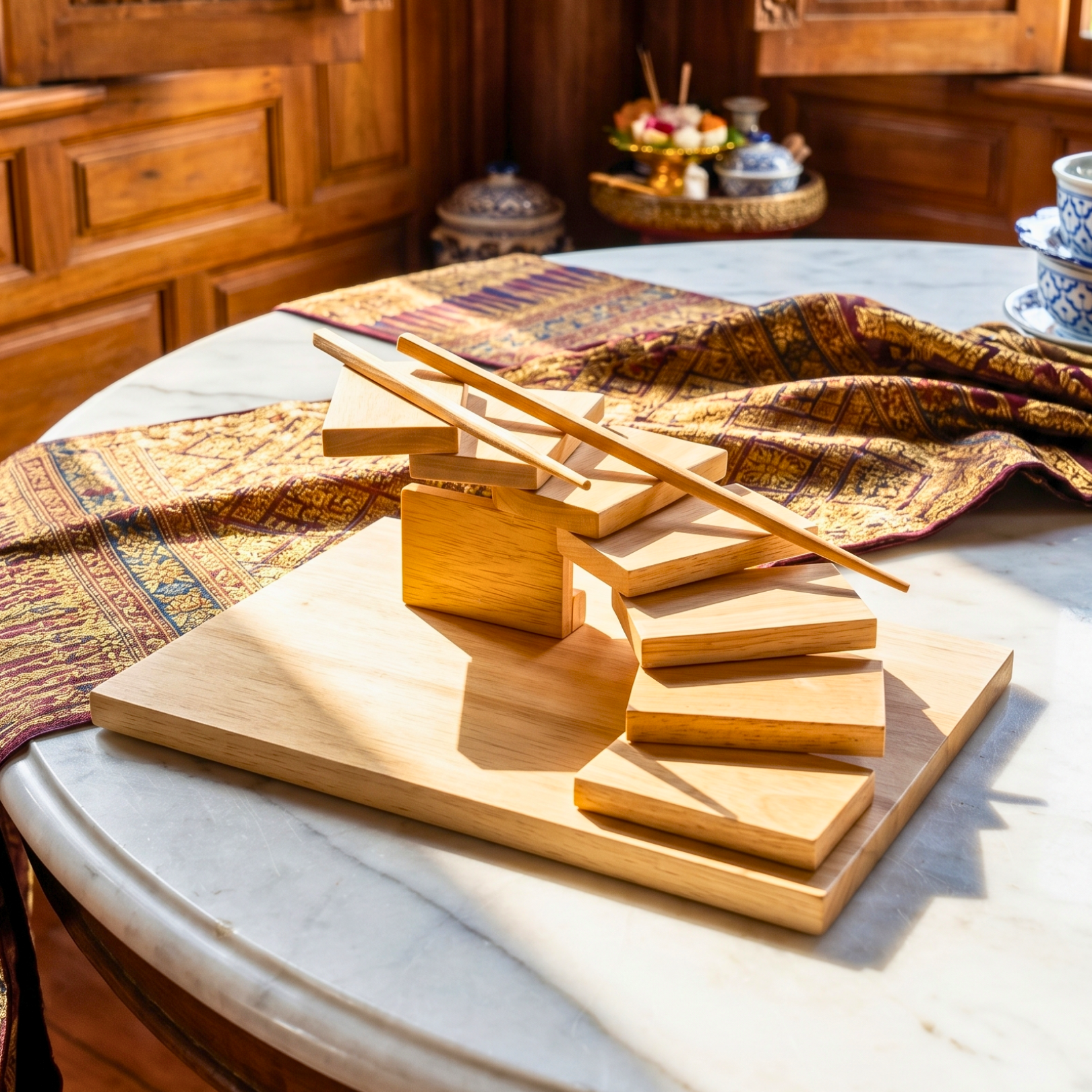 Teak Wood Sushi Tray, 12 Inch Staircase Platter, Unique Birthday Gift for Foodie