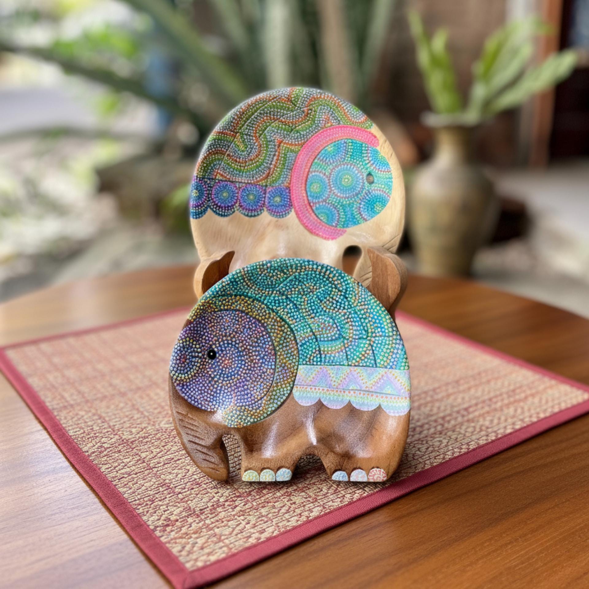 Hand Painted Wooden Elephant Plate Set of 2: Thai Folk Art Decor