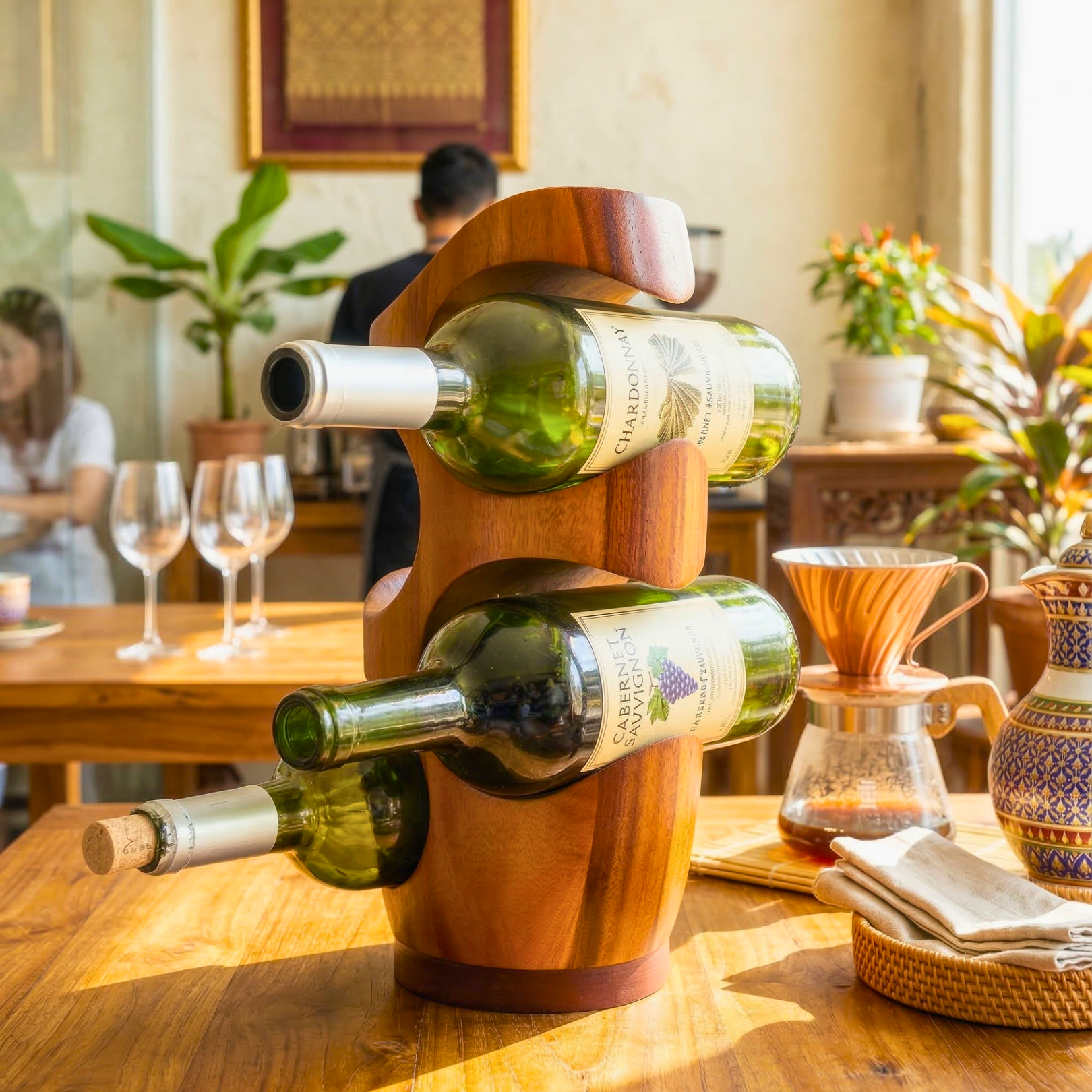 Wine Rack Acacia Wood Natural 4 Bottle Stand - Siam Wood Artisans