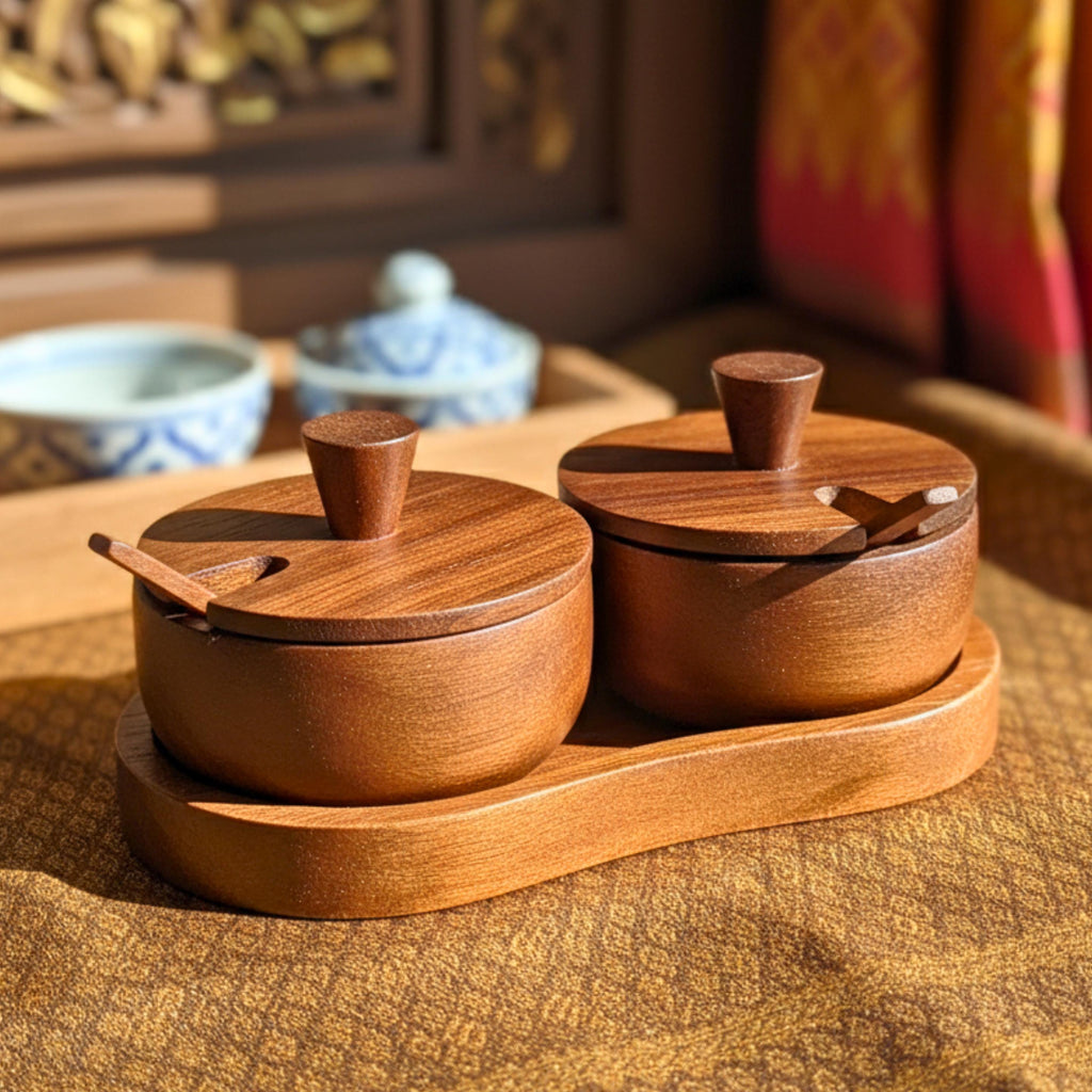Hand Carved Wood Spice and Condiment Set: Salt, Sugar, and Pepper Server