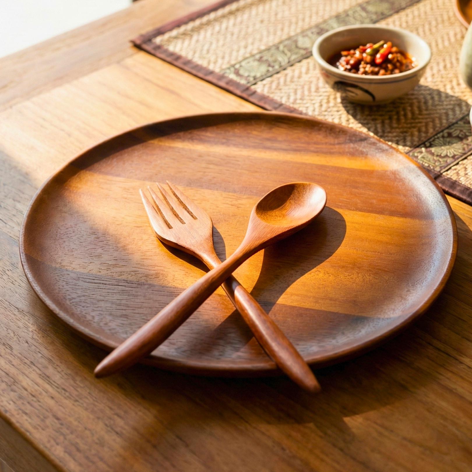 Hand Carved Upcycled Teak Wood Dinnerware Set: Rustic Plate, Fork & Spoon Trio