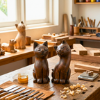 Cat Statue Pair Teak Wood Rustic 5 Inch Stacking Sculpture Set - Siam Wood Artisans