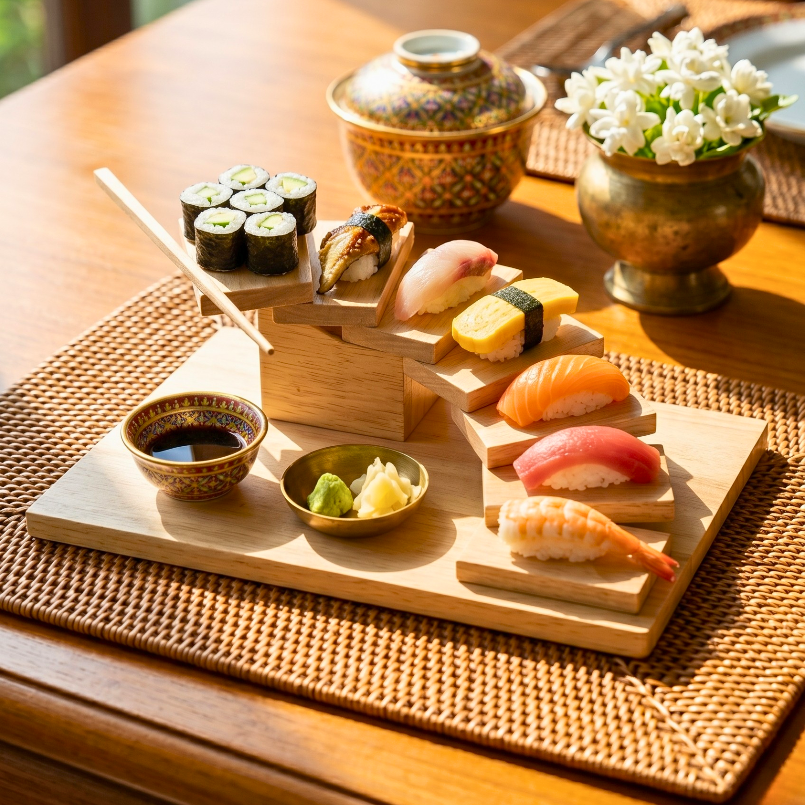 Teak Wood Sushi Tray, 12 Inch Staircase Platter, Unique Birthday Gift for Foodie