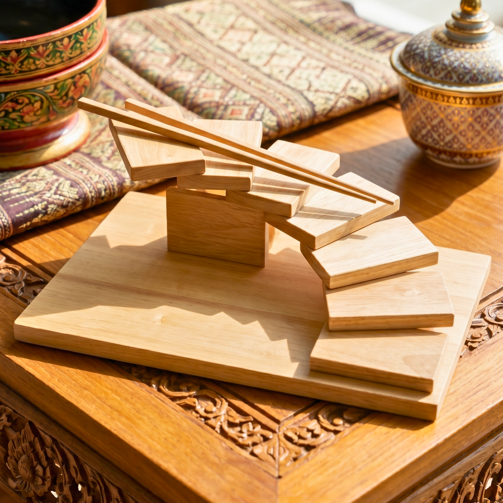 Teak Wood Sushi Tray, 12 Inch Staircase Platter, Unique Birthday Gift for Foodie