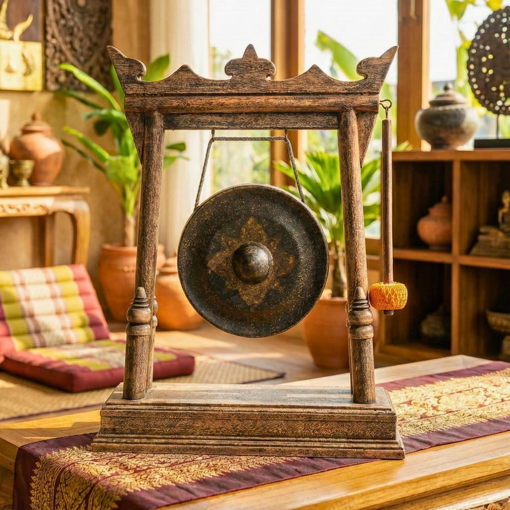 Hand Carved Wood Gong with Traditional Thai Motifs: Authentic Antique Altar Decor