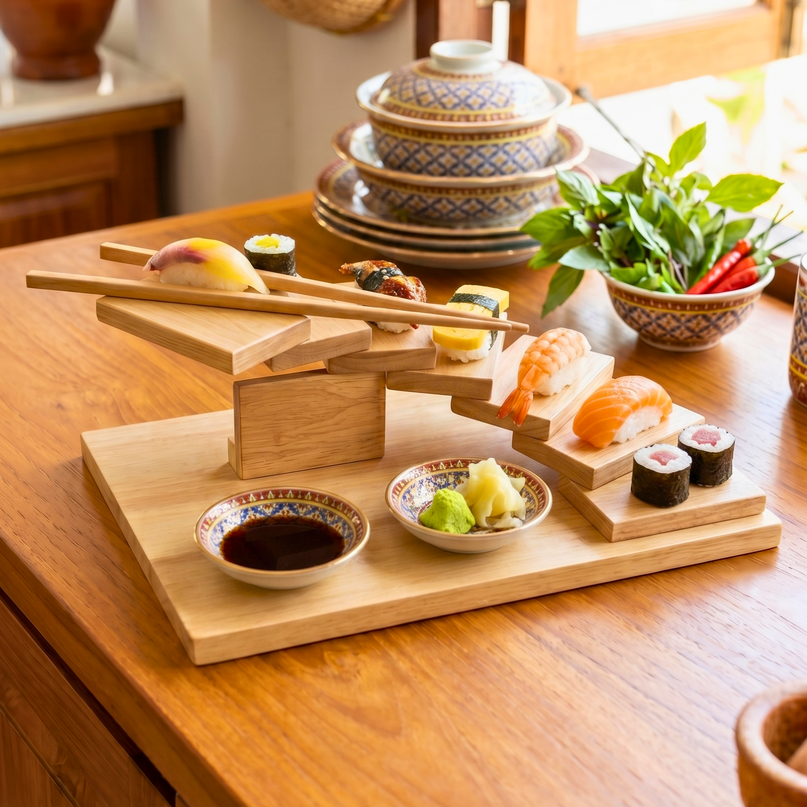 Teak Wood Sushi Tray, 12 Inch Staircase Platter, Unique Birthday Gift for Foodie