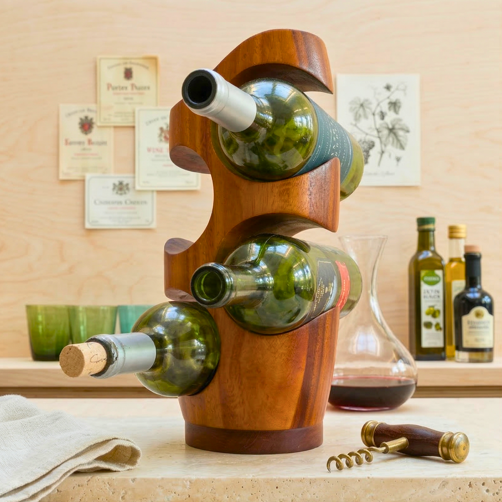 Wine Rack Acacia Wood Natural 4 Bottle Stand - Siam Wood Artisans