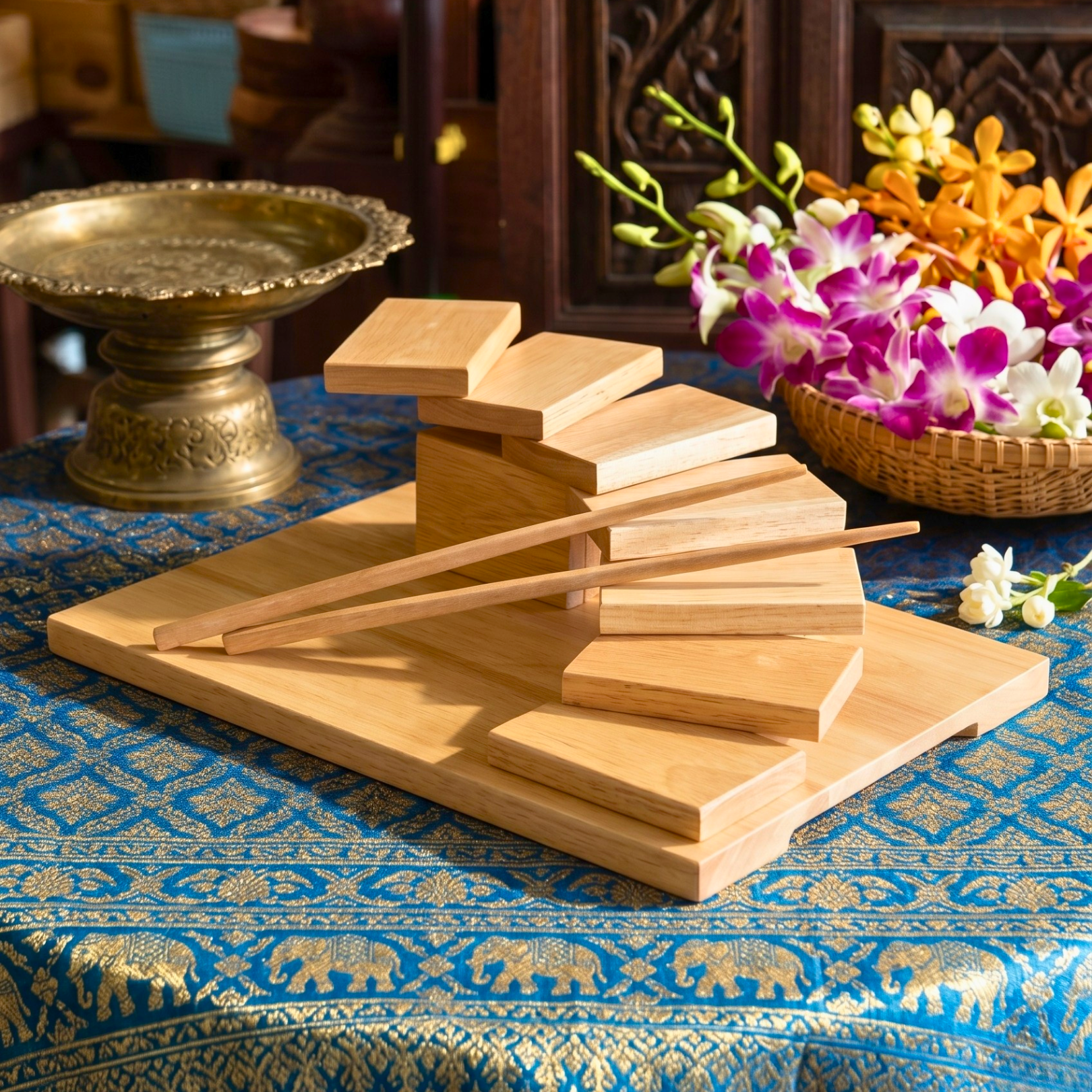 Teak Wood Sushi Tray, 12 Inch Staircase Platter, Unique Birthday Gift for Foodie
