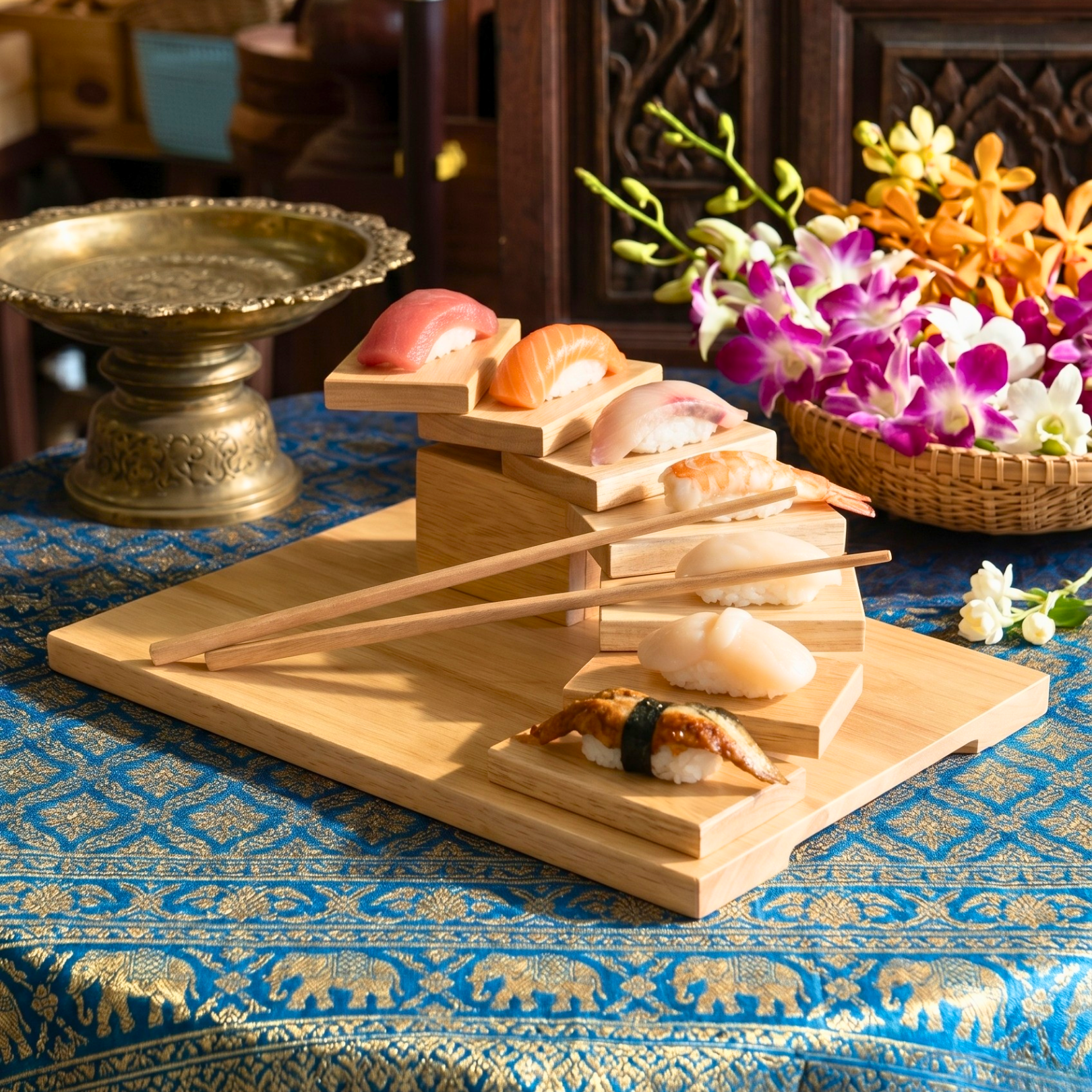 Teak Wood Sushi Tray, 12 Inch Staircase Platter, Unique Birthday Gift for Foodie