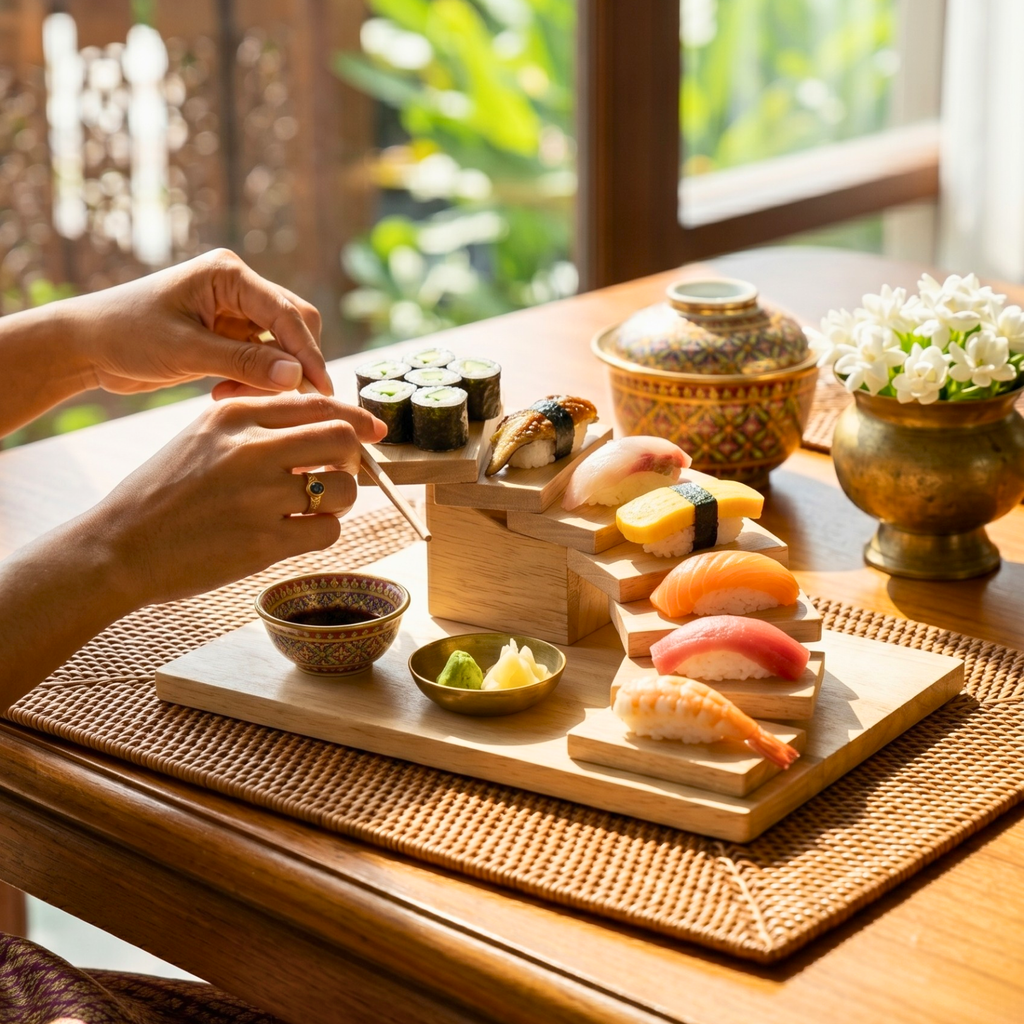 Teak Wood Sushi Tray, 12 Inch Staircase Platter, Unique Birthday Gift for Foodie