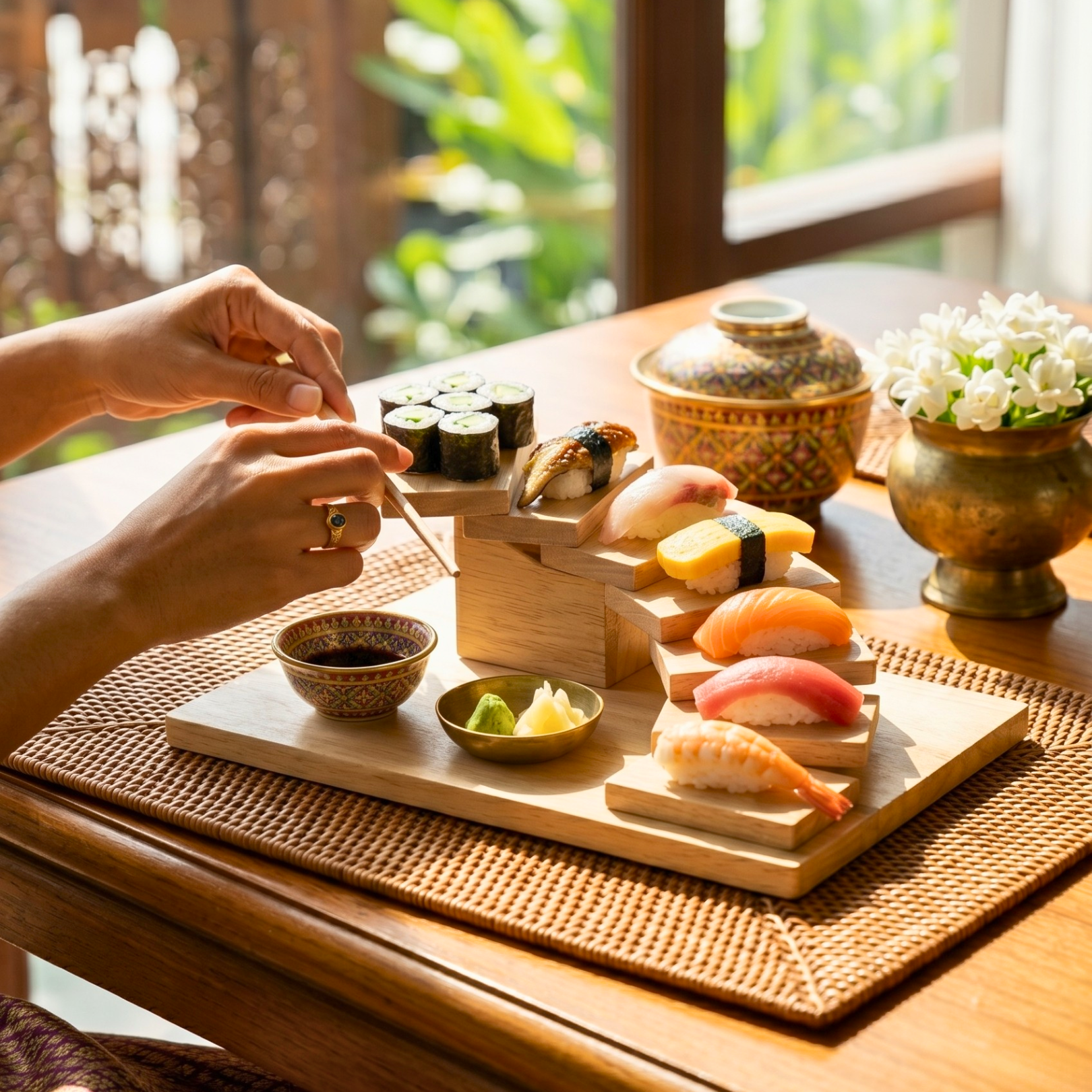Teak Wood Sushi Tray, 12 Inch Staircase Platter, Unique Birthday Gift for Foodie