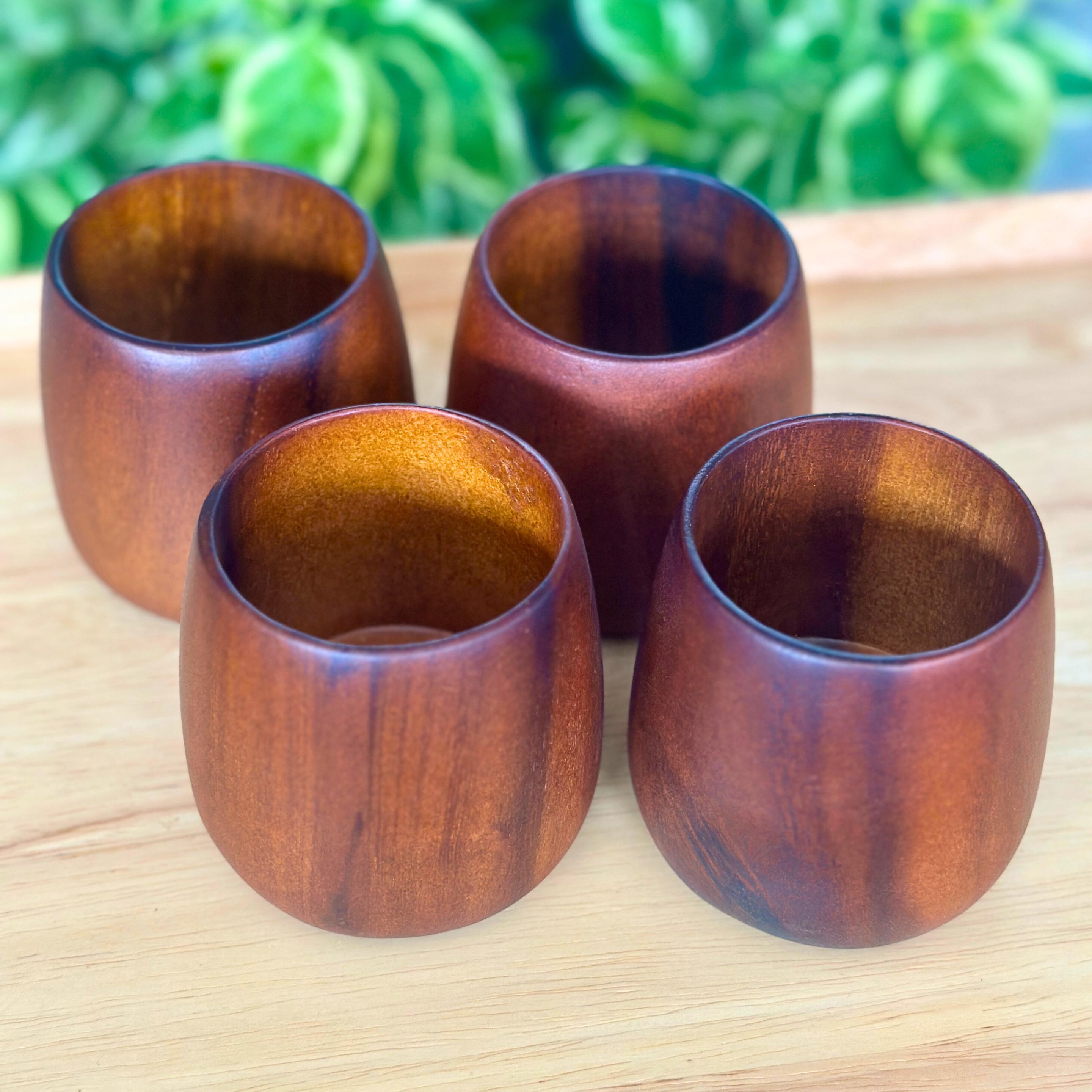 Hand Carved Wood Drinking Cups: Set of 4 Coffee & Tea Tableware