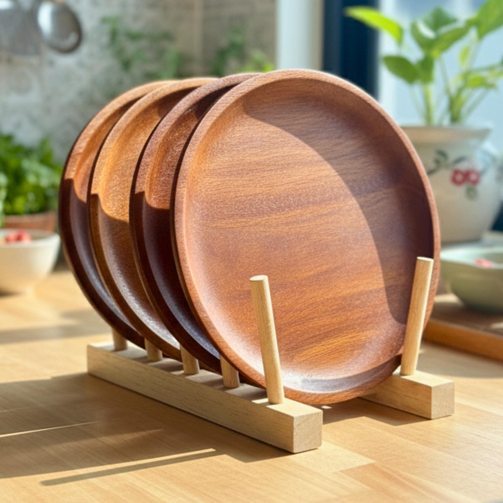 Hand Carved Hardwood Dinner Plates 8”: Deep Tone Rustic Dinnerware