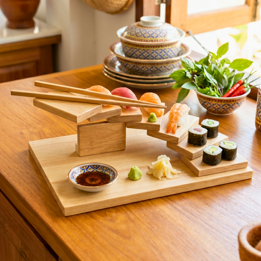 Teak Wood Sushi Tray, 12 Inch Staircase Platter, Unique Birthday Gift for Foodie