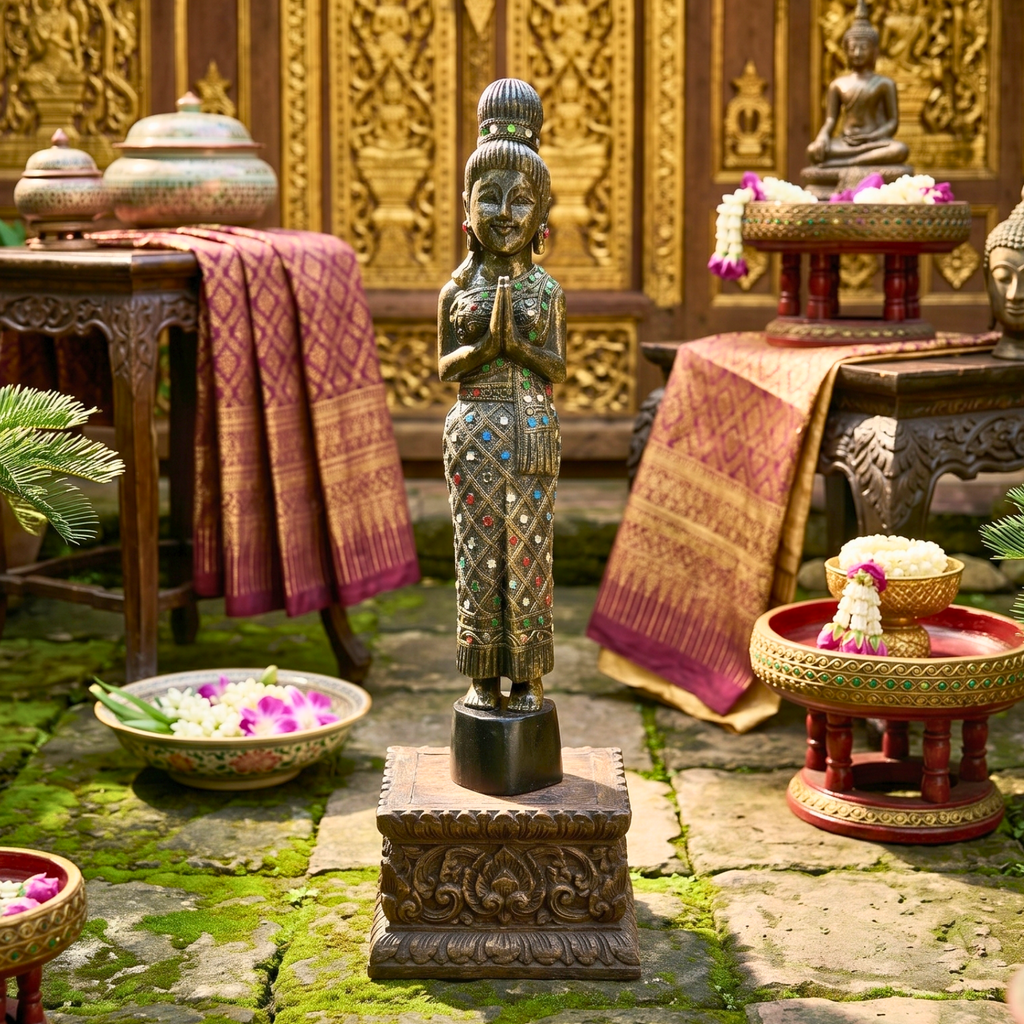 Acacia Wood Woman, 20 Inch Inlaid Glass Wai Statue, Spiritual Gift for Yoga Lover
