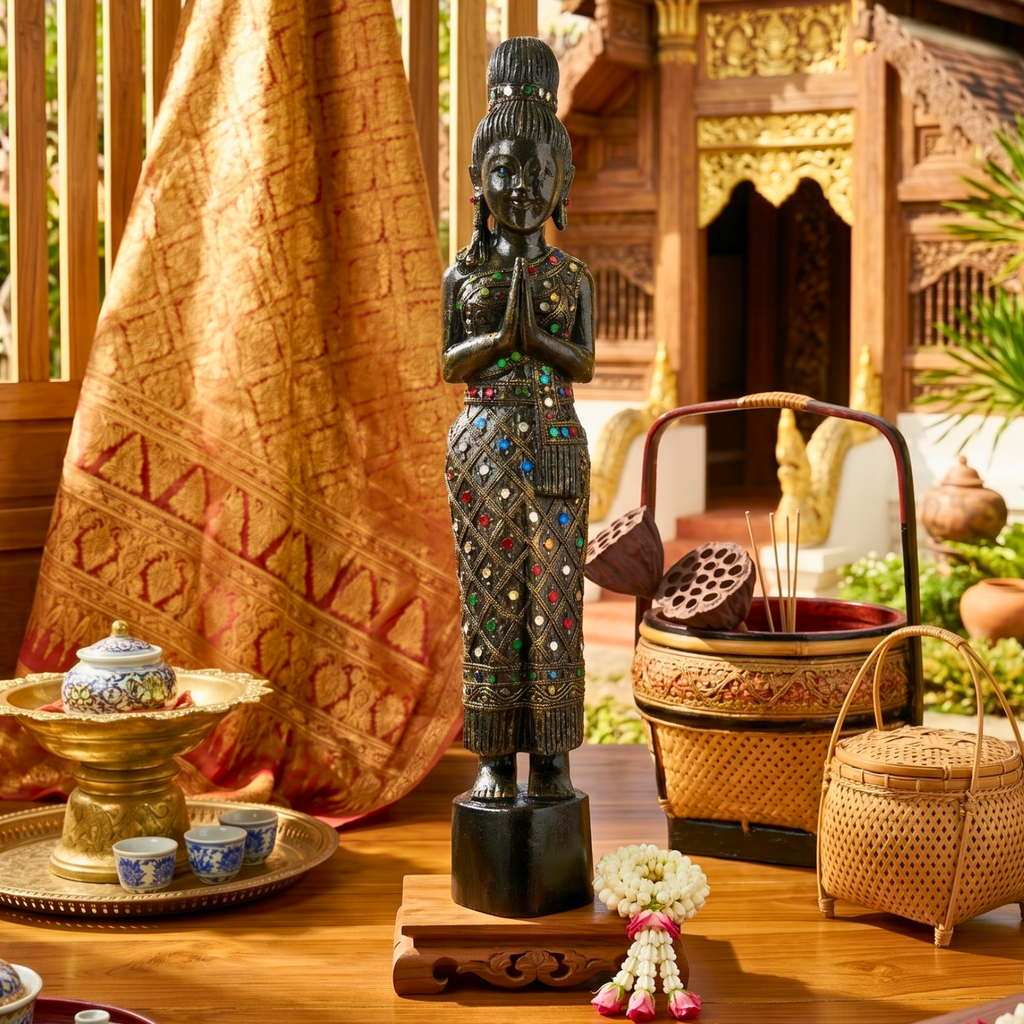 Acacia Wood Woman, 20 Inch Inlaid Glass Wai Statue, Spiritual Gift for Yoga Lover