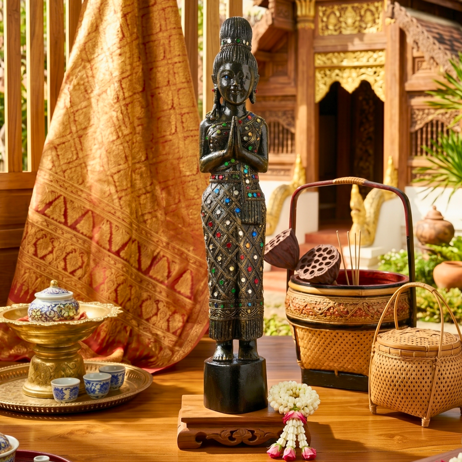 Acacia Wood Woman, 20 Inch Inlaid Glass Wai Statue, Spiritual Gift for Yoga Lover