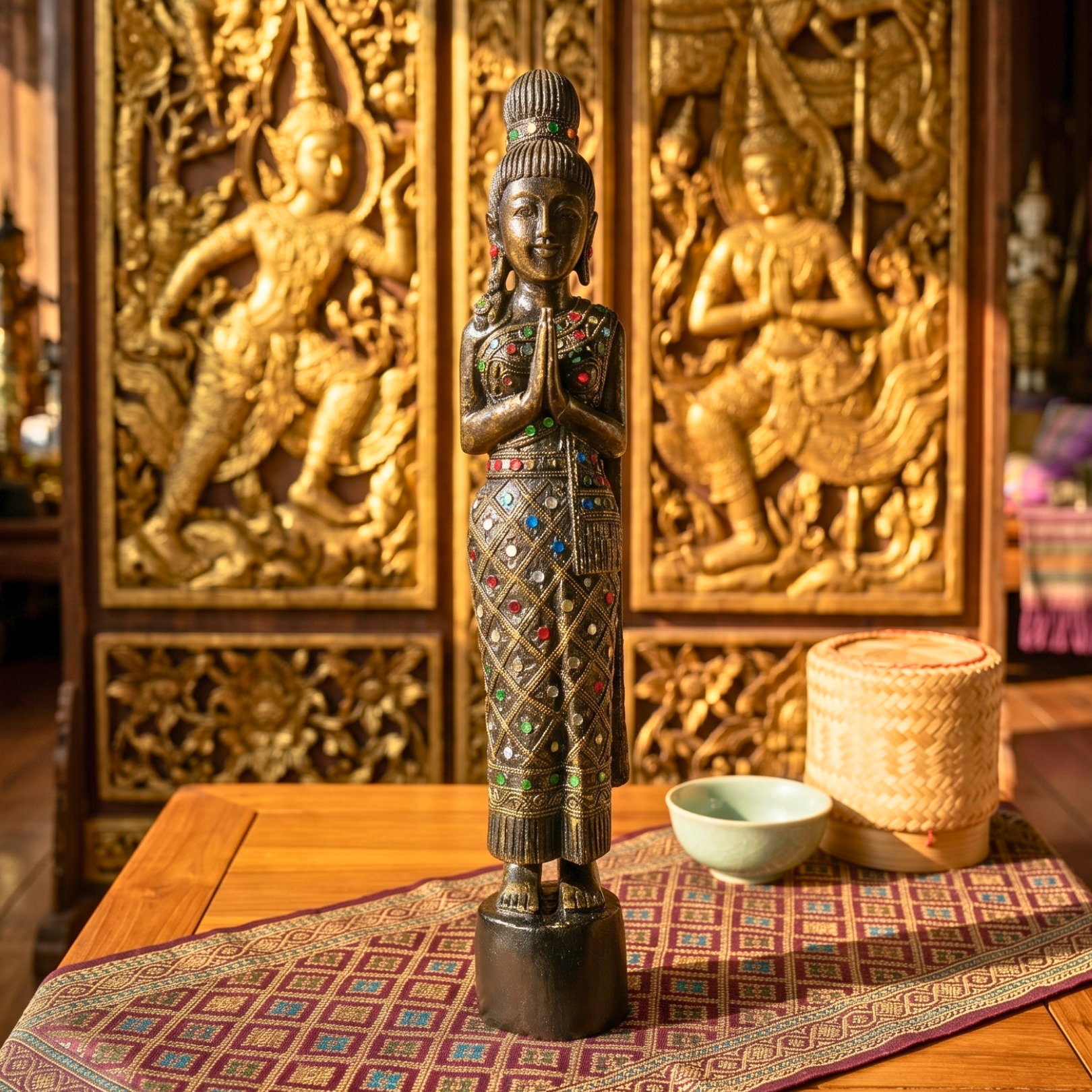 Acacia Wood Woman, 20 Inch Inlaid Glass Wai Statue, Spiritual Gift for Yoga Lover