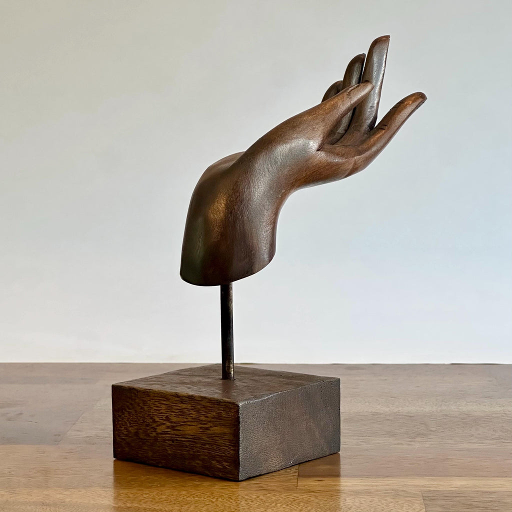 Vintage Hand Carved Acacia Wood Hand Mudra Sculpture: Thai Artisan Decor