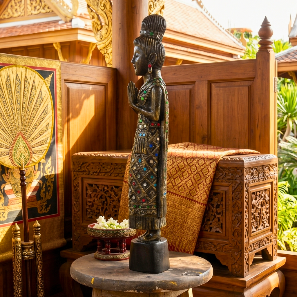 Acacia Wood Woman, 20 Inch Inlaid Glass Wai Statue, Spiritual Gift for Yoga Lover