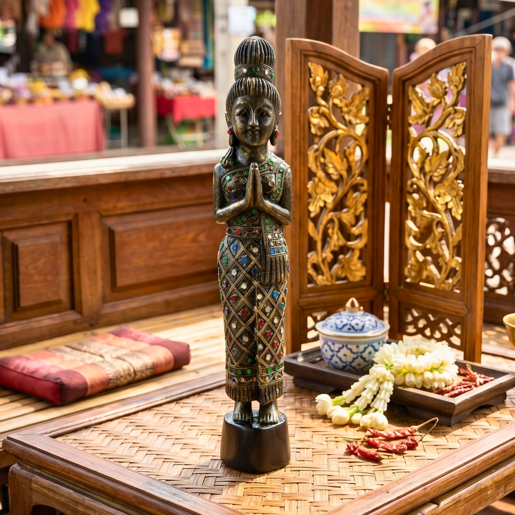 Acacia Wood Woman, 20 Inch Inlaid Glass Wai Statue, Spiritual Gift for Yoga Lover