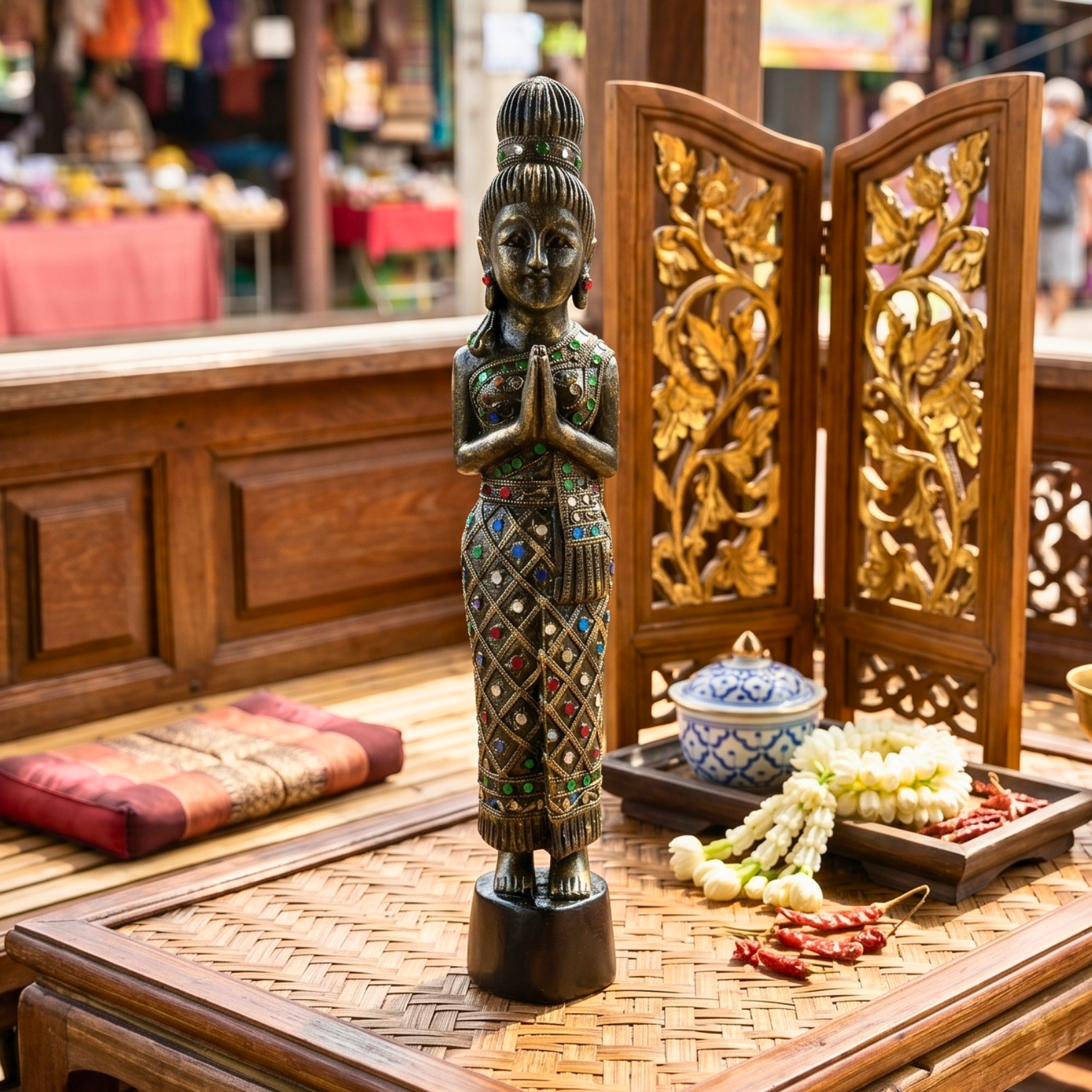 Acacia Wood Woman, 20 Inch Inlaid Glass Wai Statue, Spiritual Gift for Yoga Lover