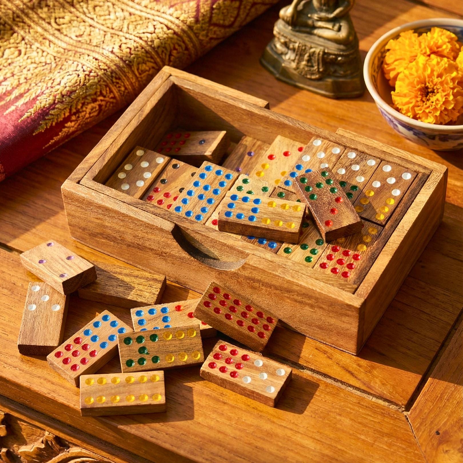 Hand Carved Acacia Wood Dominoes Set: Traditional Tabletop Game Toy