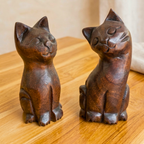 Cat Statue Pair Teak Wood Rustic 5 Inch Stacking Sculpture Set - Siam Wood Artisans