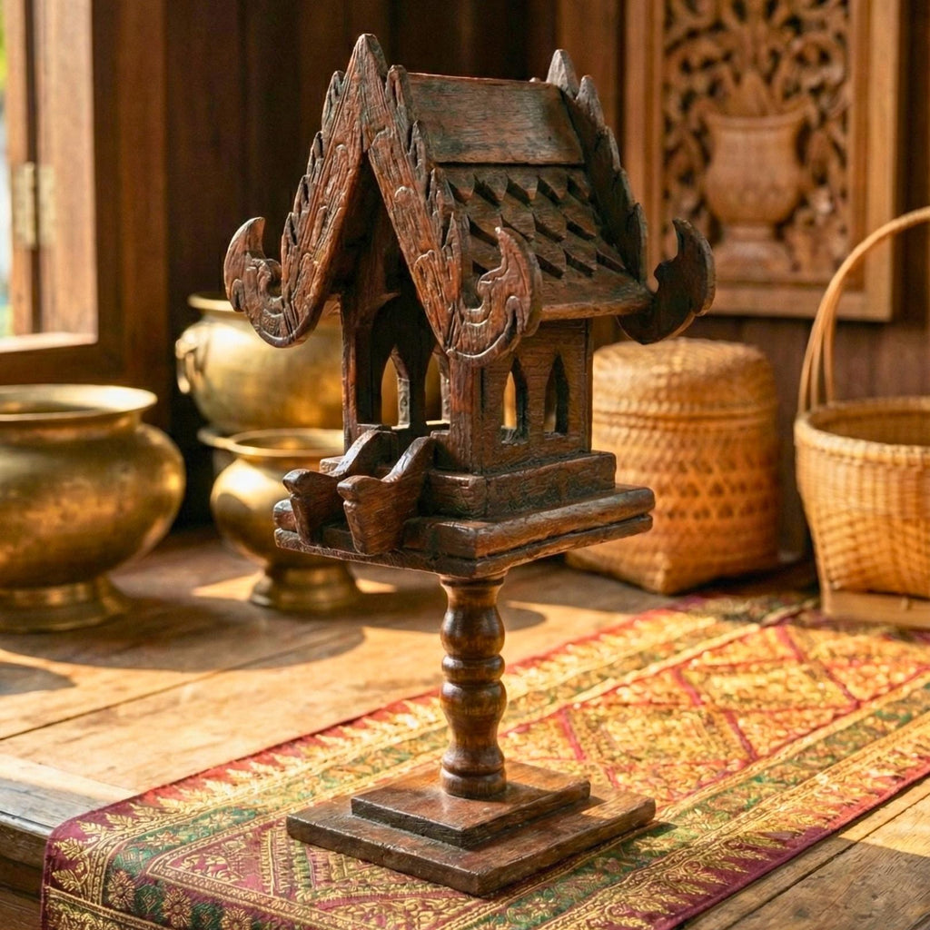 Hand Carved Teak Wood Spirit House Shrine on Pedestal: Thai Altar Decor
