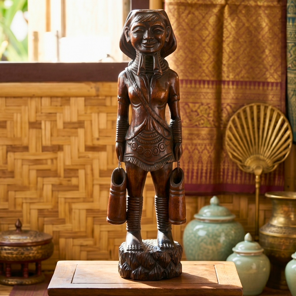 Acacia Wood Karen Tribe Figure, 20 Inch Long Neck Lady Statue, Cultural Present for Art Collector