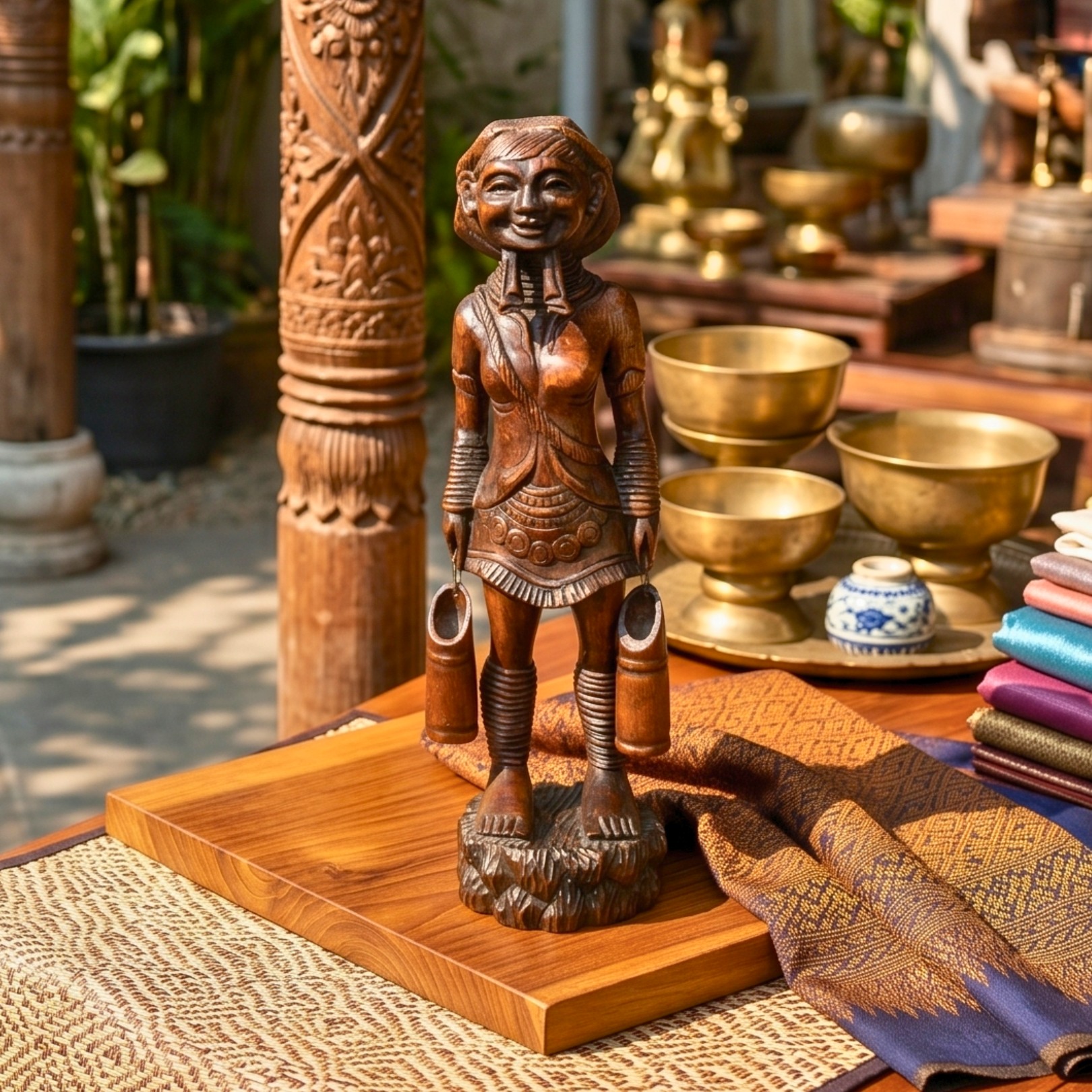 Acacia Wood Karen Tribe Figure, 20 Inch Long Neck Lady Statue, Cultural Present for Art Collector