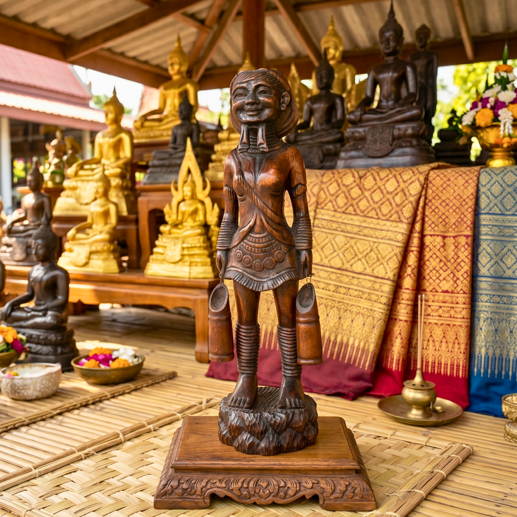 Acacia Wood Karen Tribe Figure, 20 Inch Long Neck Lady Statue, Cultural Present for Art Collector
