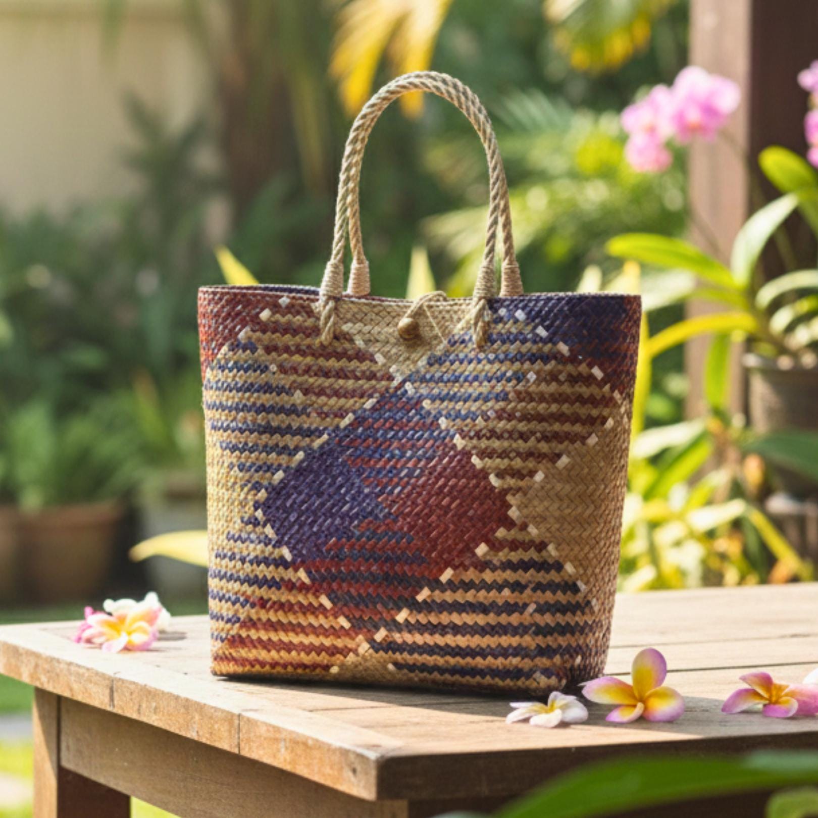 Hand Woven Rattan Market Tote: Earthy Diamond Pattern Boho Handbag