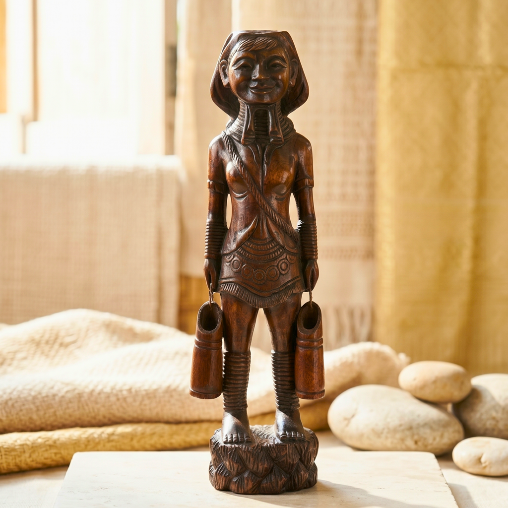 Acacia Wood Karen Tribe Figure, 20 Inch Long Neck Lady Statue, Cultural Present for Art Collector