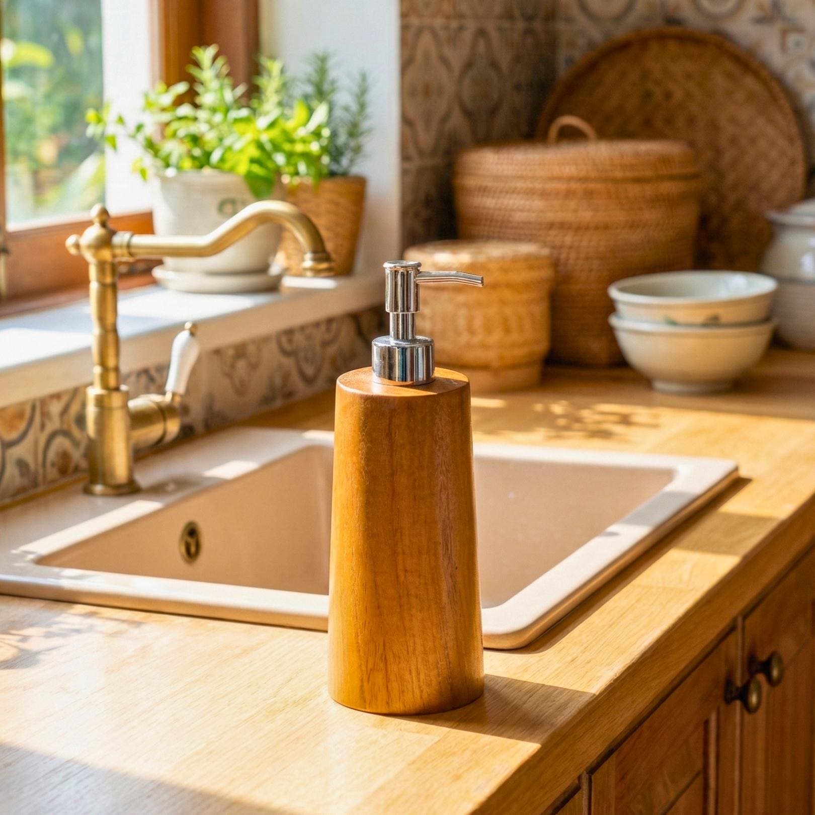 Hand Carved Teak Upcycled Wood Soap Dispenser: Rustic Bathroom Decor