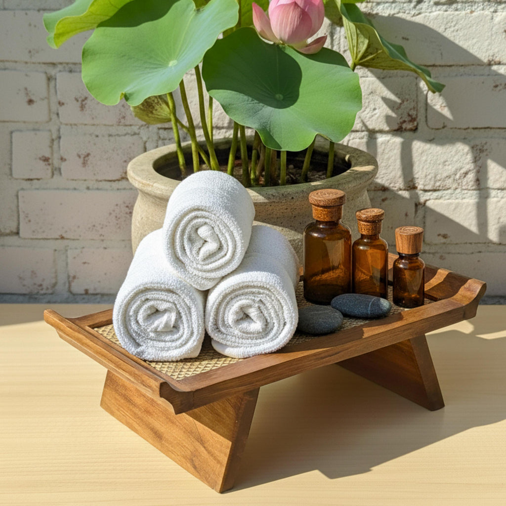 Handcrafted Hardwood Serving Tray: Woven Rattan Elevated Riser for Serving & Tea Set Display