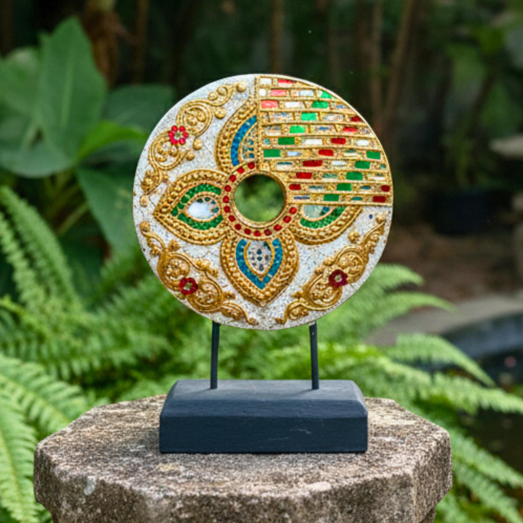 Handcrafted Mandala Disc on Stand (Floral): Thai Wood Sculpture Zen Decor