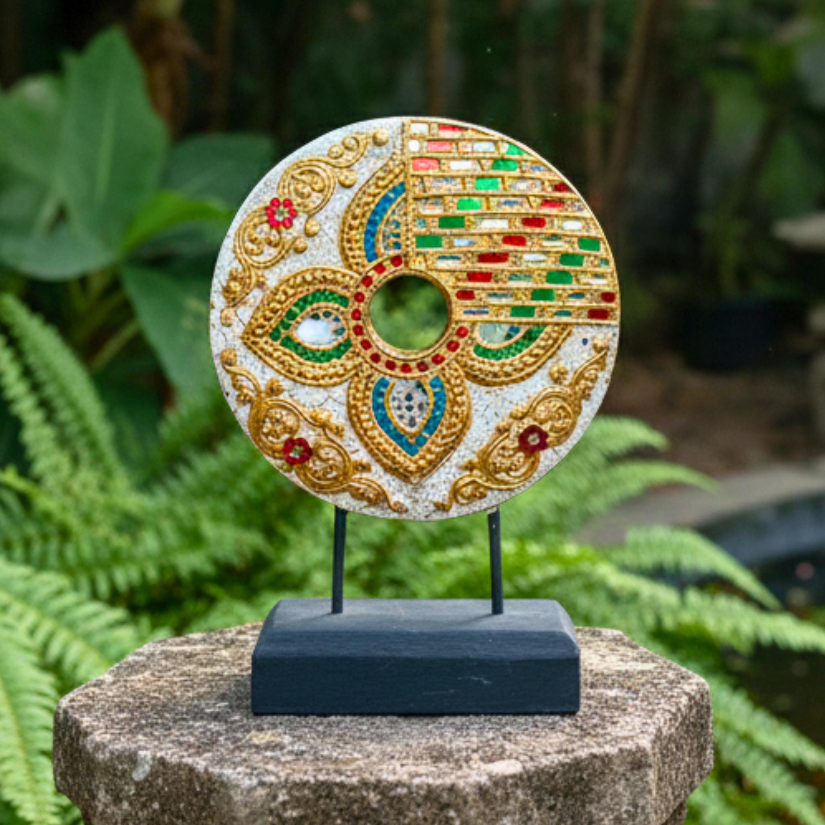 Handcrafted Mandala Disc on Stand (Floral): Thai Wood Sculpture Zen Decor