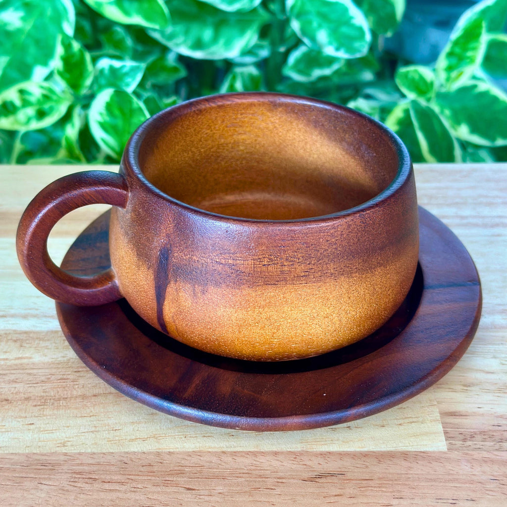 Hand Carved Wood Coffee Cup & Saucer: Rounded Minimalist Teaware Set